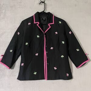 Silk Land Embroidered Silk Jacket Black Pink Parasol Design Womens Sz 4